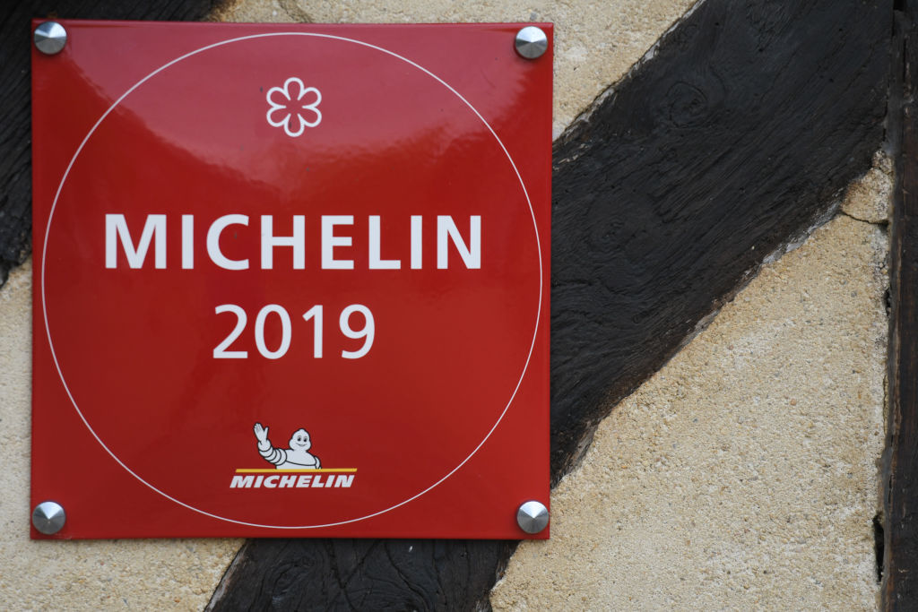 A view of the 'Michelin 2019' sign seen outside a restaurant in Beuvron-en-Auge. in Caen, Normandy, France. (Photo by Artur Widak/NurPhoto via Getty Images)