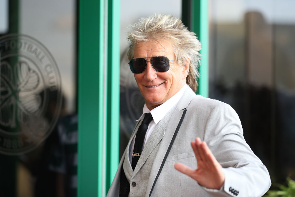 Rod Stewart is seen arriving during the UEFA Champions League, third qualifying round, second leg match between Celtic and CFR Cluj at Celtic Park on August 13, 2019 in Glasgow, Scotland. (Photo by Ian MacNicol/Getty Images)