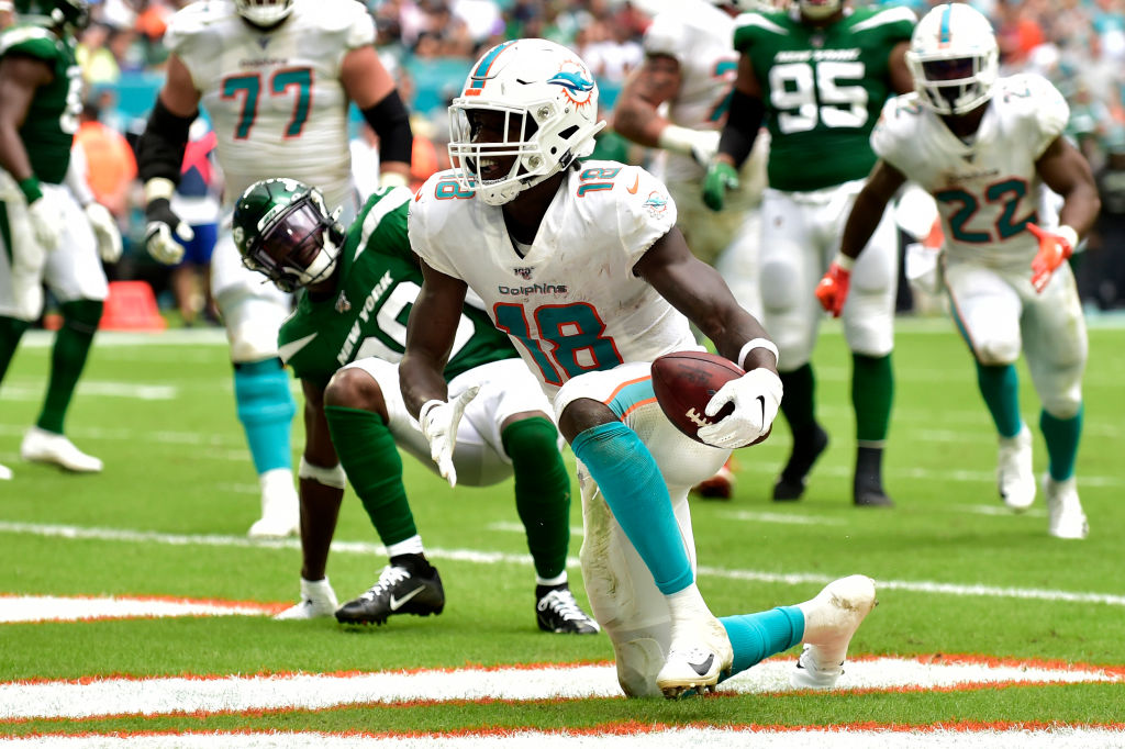 Preston Williams of the Miami Dolphins scores a touchdown in the second quarter against the New York Jets at Hard Rock Stadium on November 3, 2019 in Miami, Florida. (Photo by Eric Espada/Getty Images)