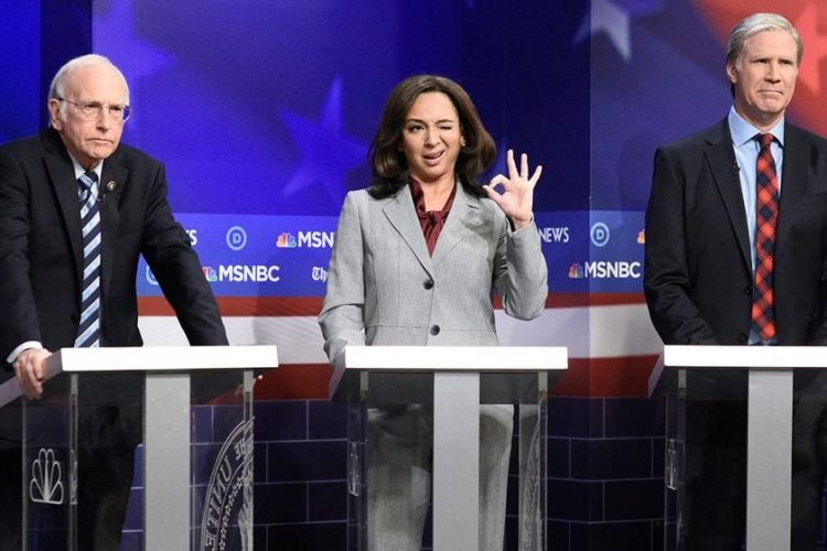 Larry David, Maya Rudolph and Will Ferrell perform in "Saturday Night Live"s Democratic debate sketch.