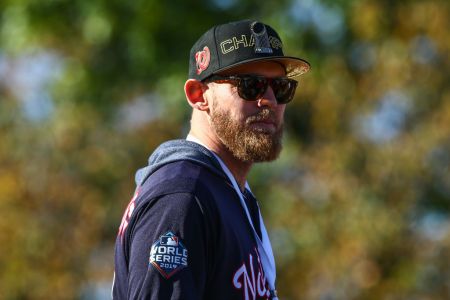 World Series MVP Stephen Strasburg of the Washington Nationals celebrates during Victory Parade on November 02, 2019 in Washington, DC. (Photo by Chaz Niell/Getty Images)