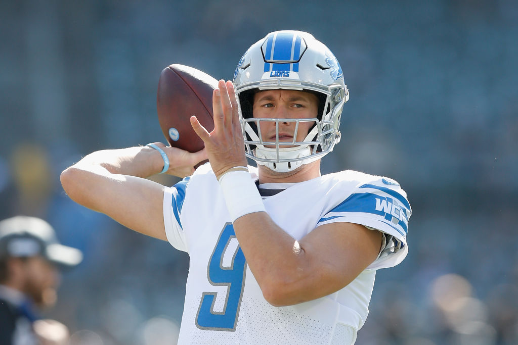 Matthew Stafford of the Detroit Lions warms up before the game against the Oakland Raiders at RingCentral Coliseum on November 03, 2019 in Oakland, California. (Photo by Lachlan Cunningham/Getty Images)