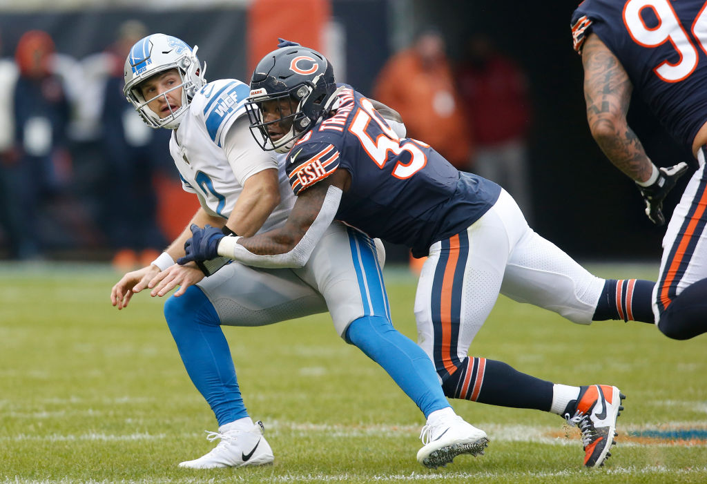 Danny Trevathan of the Chicago Bears pressures Jeff Driskel of the Detroit Lions during the first quarter at Soldier Field on November 10, 2019 in Chicago, Illinois. (Photo by Nuccio DiNuzzo/Getty Images)