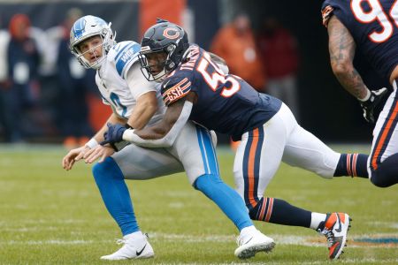 Danny Trevathan of the Chicago Bears pressures Jeff Driskel of the Detroit Lions during the first quarter at Soldier Field on November 10, 2019 in Chicago, Illinois. (Photo by Nuccio DiNuzzo/Getty Images)