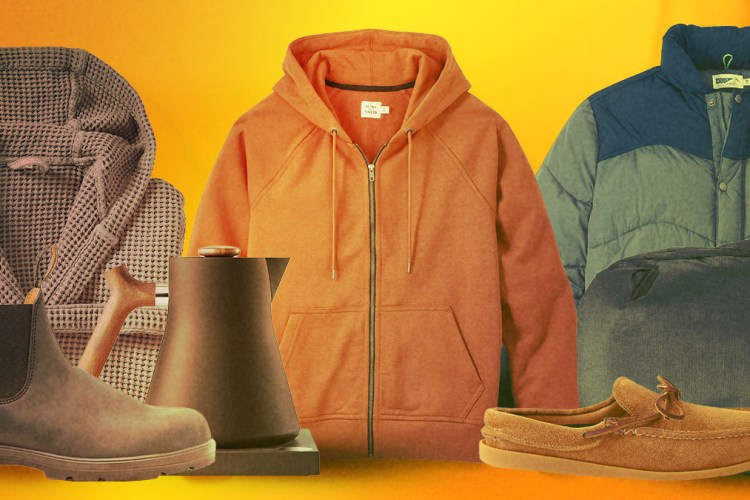 a collage of items from Huckberry's black friday sale on an orange background