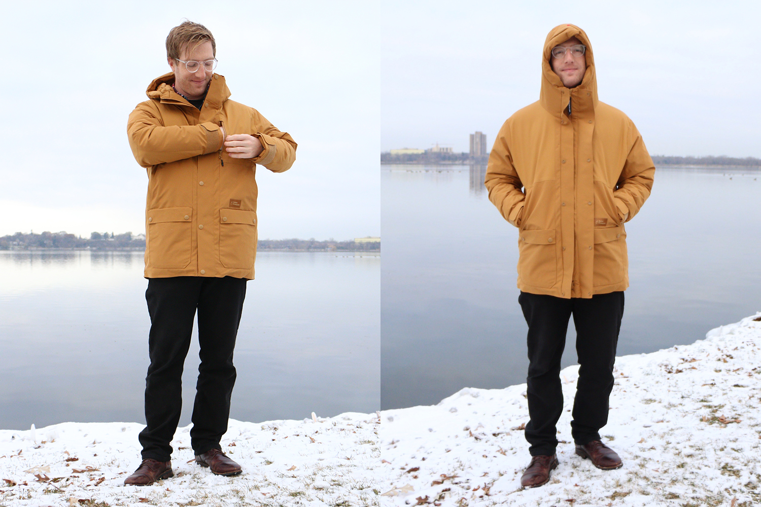 A man wearing the Askov Finlayson Winter Parka in Bear Brown next to Bde Maka Ska. We tested and reviewed the winter coat in 2019.