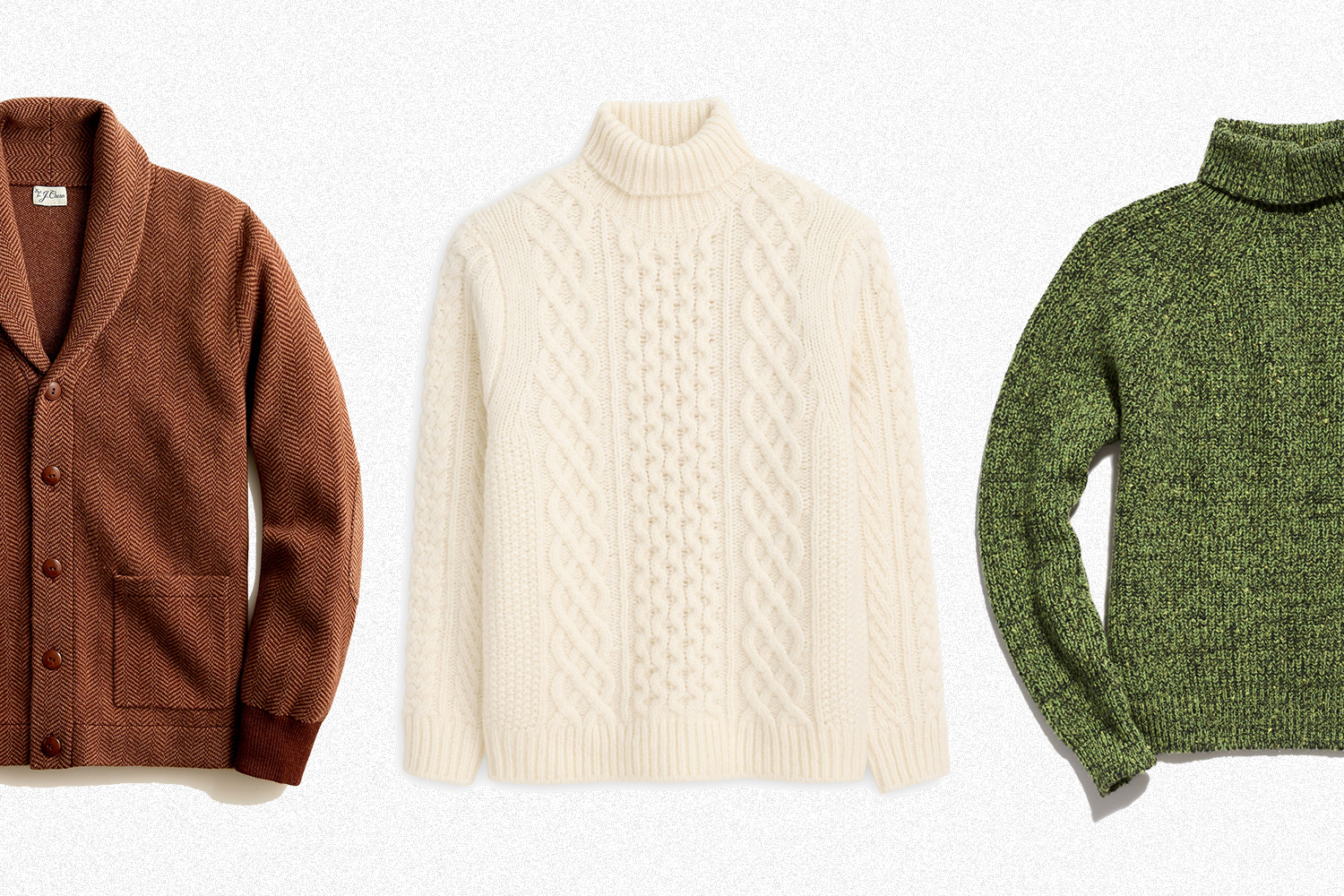 Three perfect Thanksgiving sweaters for men, a cardigan from J.Crew, a cable-knit from Alex Mill and a turtleneck from Inis Meáin
