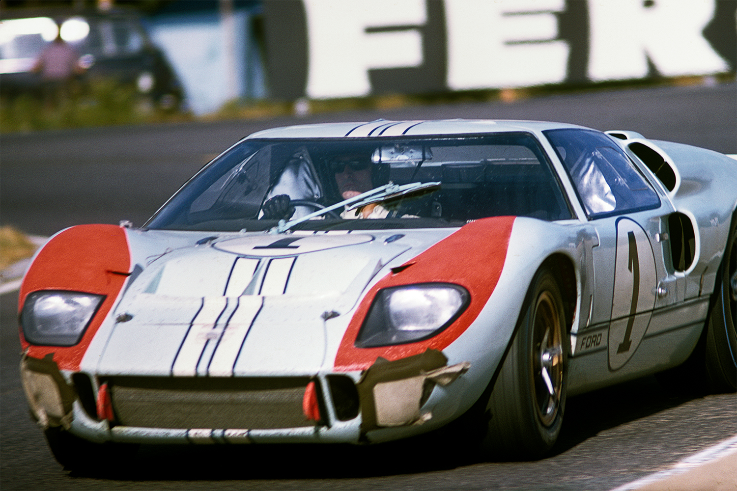 <strong>Ford GT40 Mark II</strong><br><strong>Car numbers: </strong>1, 2, 3, 4, 5, 6, 7 and 8<br>By the end of the 24-hour race, it became clear that one of the eight Ford GT40 Mark IIs was going to win. But to rub it in Ferrari’s face even more, Ford coordinated the three cars still running to cross the finish line simultaneously. But the rankings came in with Bruce McLaren and Chris Amon first (No. 2), Ken Miles [pictured here] and Denny Hulme second (No. 1) and Ronnie Bucknum and Dick Hutcherson third (No. 5).