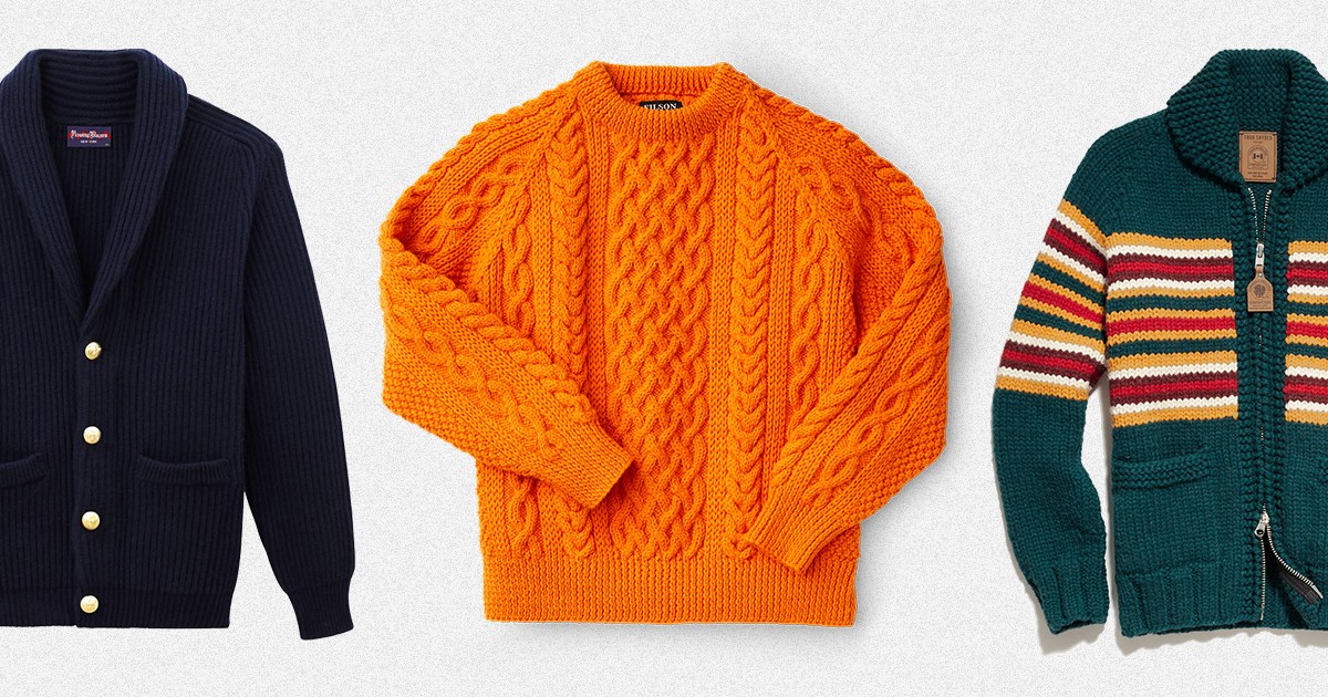 Three men's sweater perfect for Thanksgiving and Christmas 2021, a blue cardigan from Rowing Blazers, orange fisherman's pullover from Filson and green zip-up from Todd Snyder