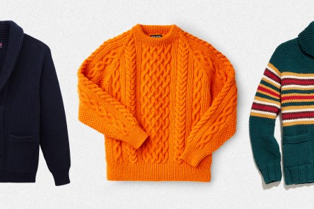 Three men's sweater perfect for Thanksgiving and Christmas 2021, a blue cardigan from Rowing Blazers, orange fisherman's pullover from Filson and green zip-up from Todd Snyder