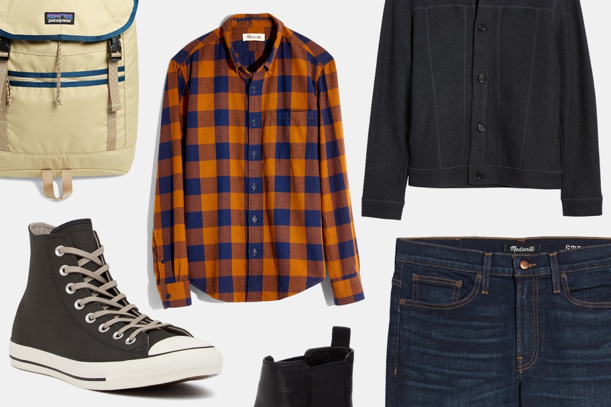 Madewell shirts and jeans, Patagonia backpack, Converse sneakers, Billy Reid jacket