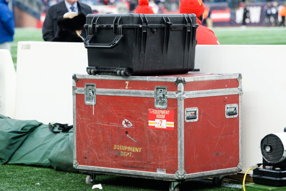 A view of the Kansas City Chiefs equipment case during warmups. A large portion of the team's equipment had been sent to New Jersey instead of Massachusetts prior to the start of the game against the New England Patriots at Gillette Stadium on December 8, 2019 in Foxborough, Massachusetts. (Photo by Kathryn Riley/Getty Images)