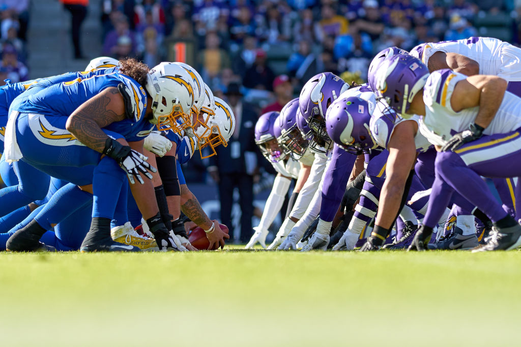 The Los Angeles Chargers offensive line and Minnesota Vikings defensive line lineup at the line of scrimmage on December 15, 2019, at Dignity Health Sports Park in Carson, CA. (Photo by Robin Alam/Icon Sportswire via Getty Images)