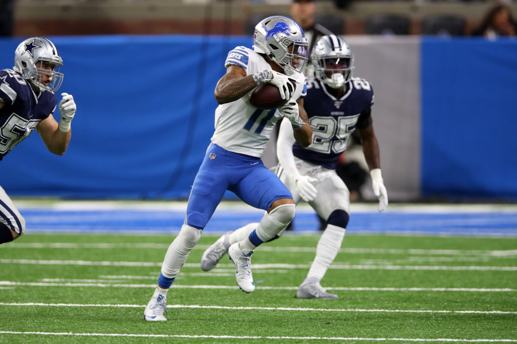 Marvin Jones Jr. of the Detroit Lions in action during the game against the Dallas Cowboys at Ford Field on November 17, 2019 in Detroit, Michigan.  (Photo by Rob Leiter/Getty Images)