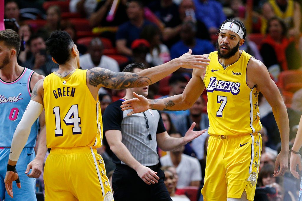 Danny Green and JaVale McGee of the Los Angeles Lakers celebrate against the Miami Heat during the second half at American Airlines Arena on December 13, 2019 in Miami, Florida. (Photo by Michael Reaves/Getty Images)