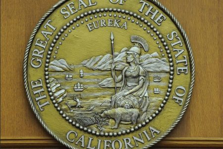 The seal of the state of California hangs in a closed courtroom at the Stanley Mosk Courthouse in downtown Los Angeles.(Photo by Robyn BECK / AFP)     
