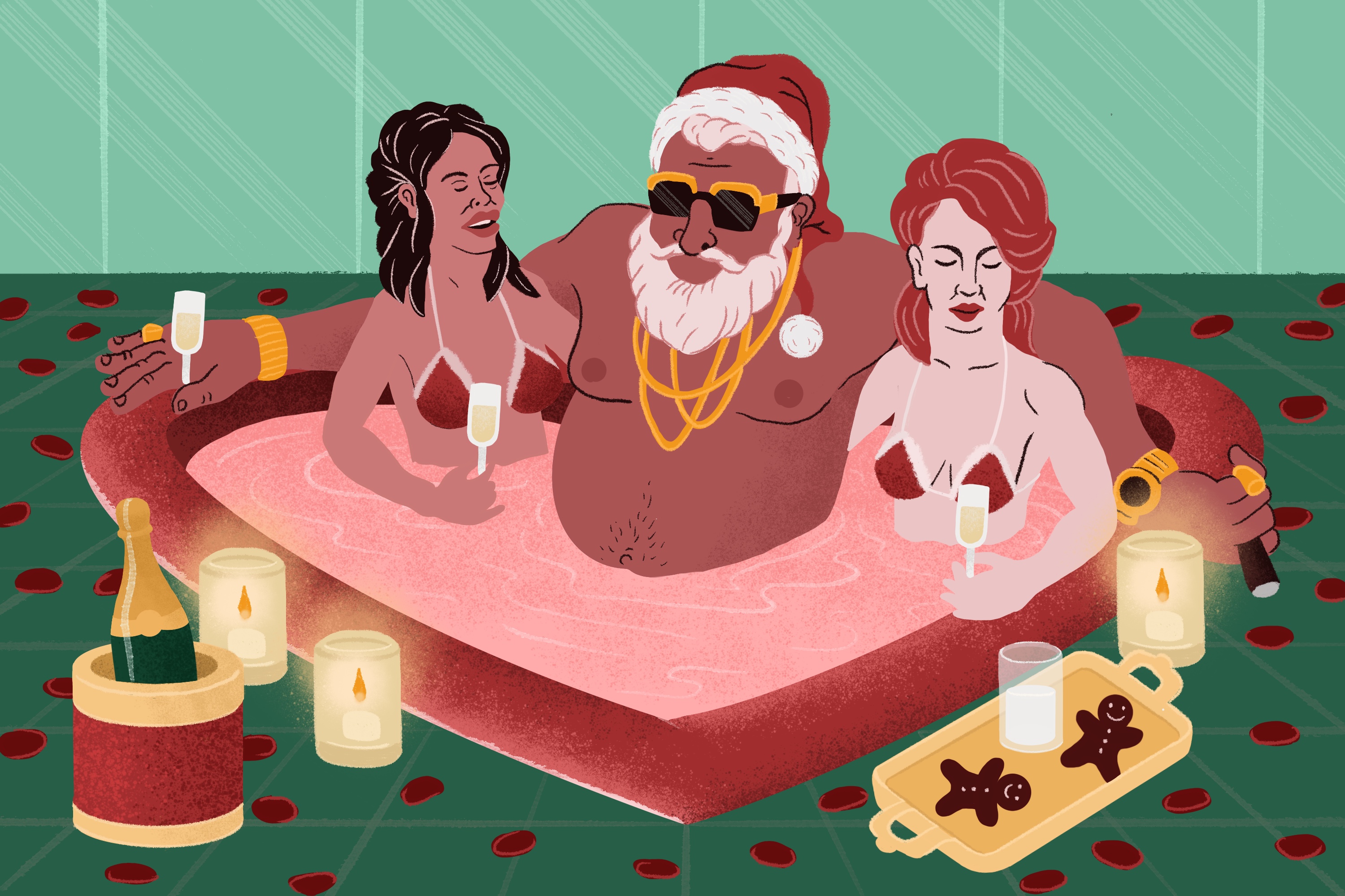 Illustration shows Santa in a heart shaped hot tub with two women on either side sipping champagne