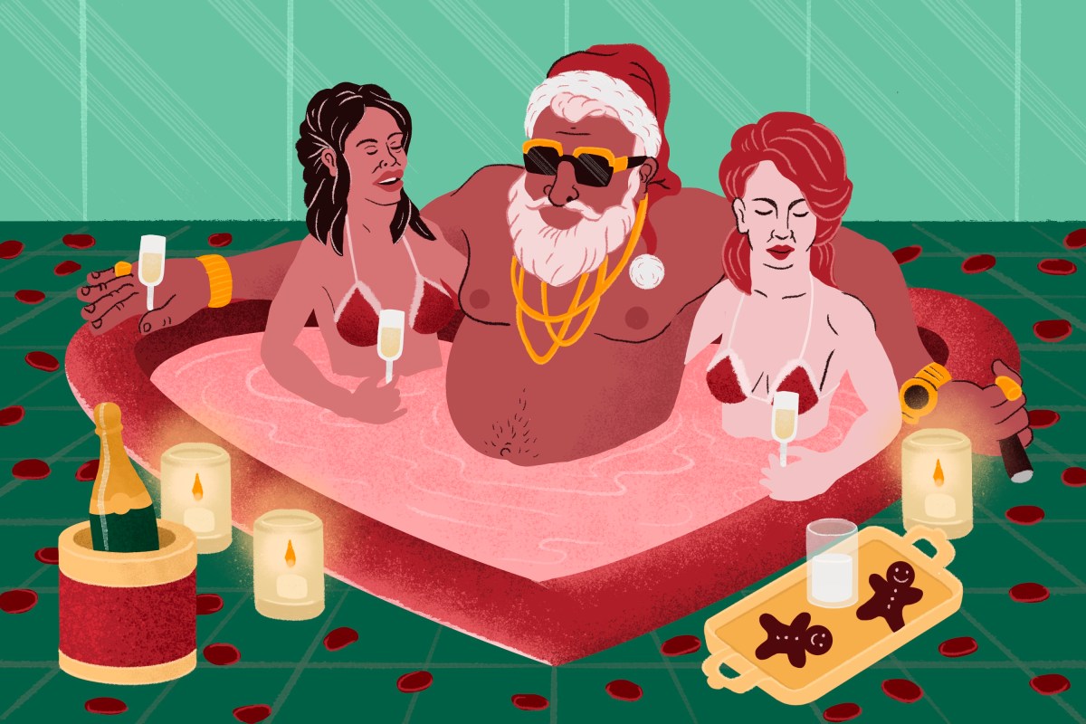 Illustration shows Santa in a heart shaped hot tub with two women on either side sipping champagne