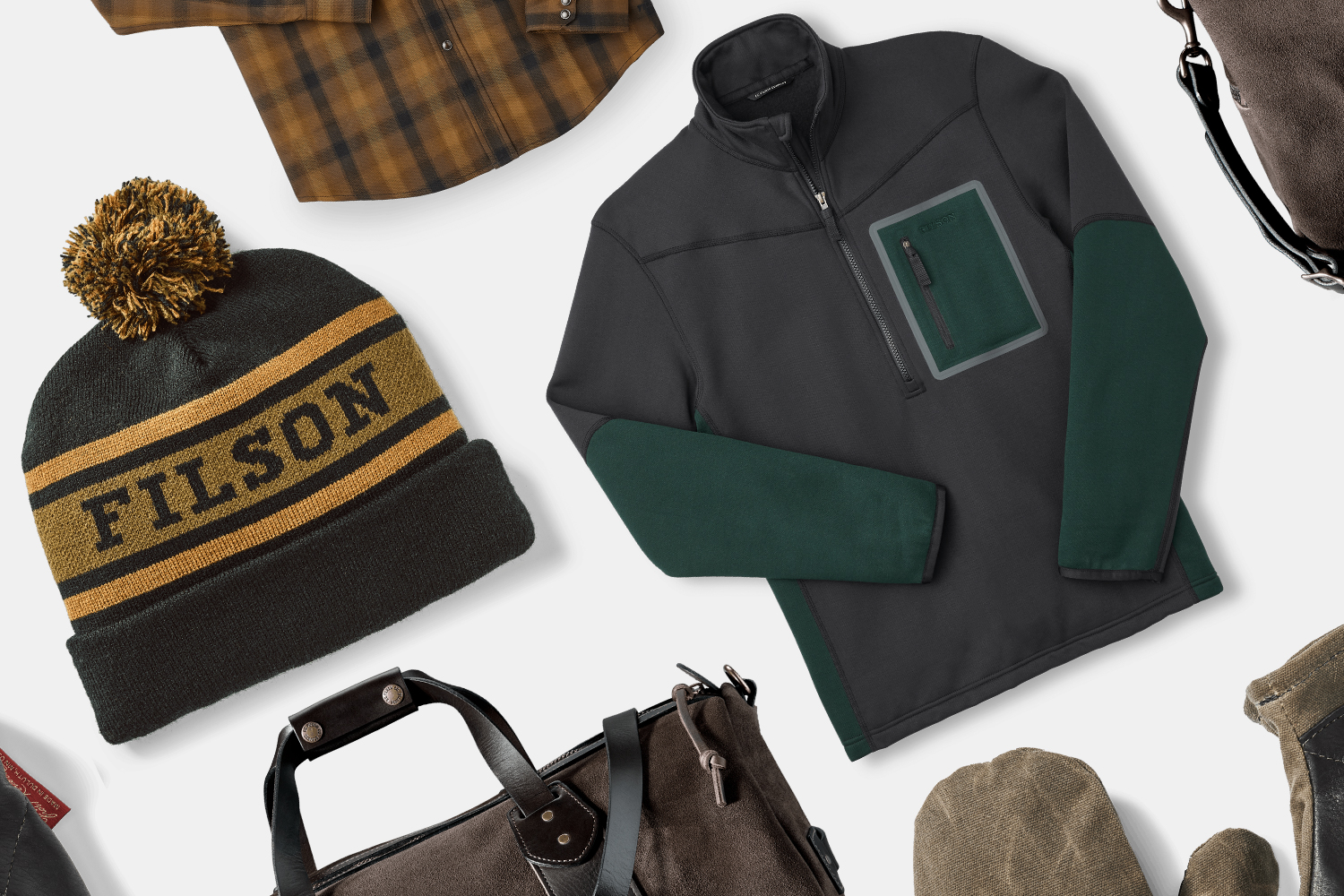 Filson hats, fleece jackets, duffle bags, shirts and mittens