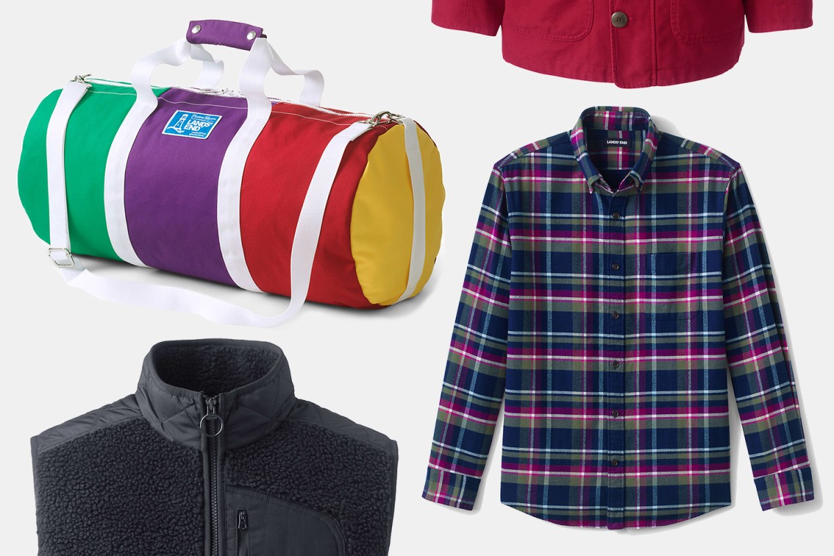 Lands' End duffle bags, flannel shirts and sherpa vests