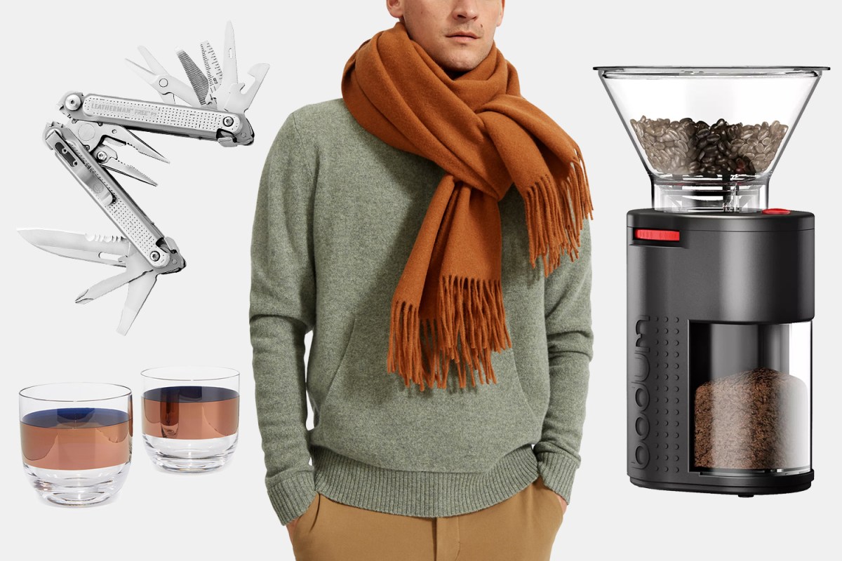 Men's scarf, burr coffee grinder, whisky glasses and multitool