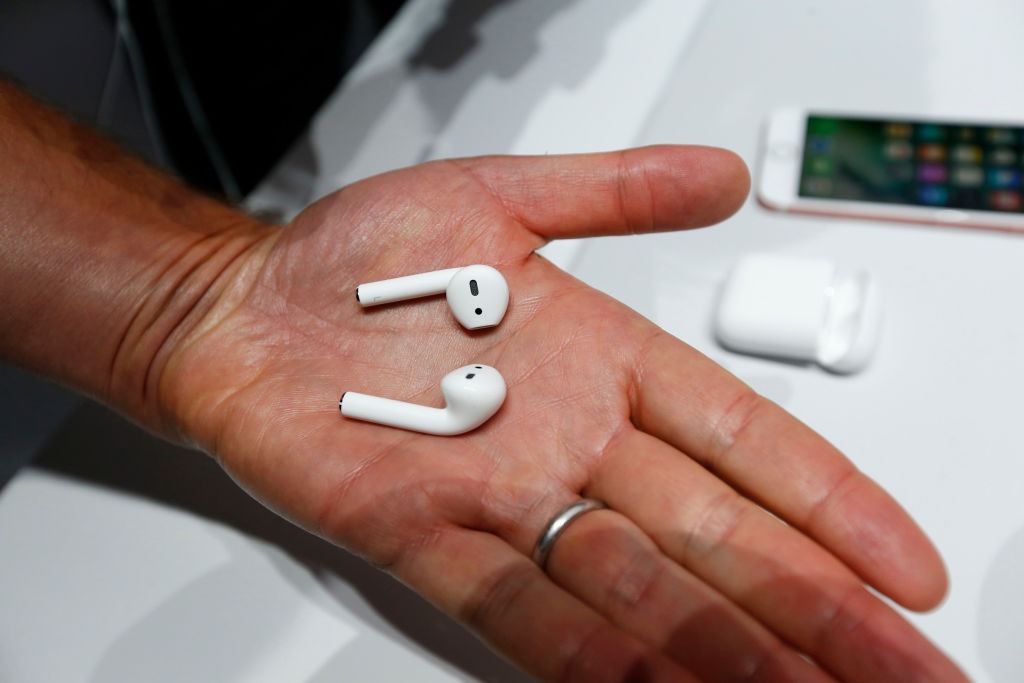 Wireless AirPods are demonstrated following the product launch of the iPhone 7 at the Bill Graham Civic Auditorium in San Francisco, Calif., on Wednesday, Sept. 7, 2016. (Photo by Gary Reyes/Bay Area News Group) (Photo by MediaNews Group/Bay Area News via Getty Images)