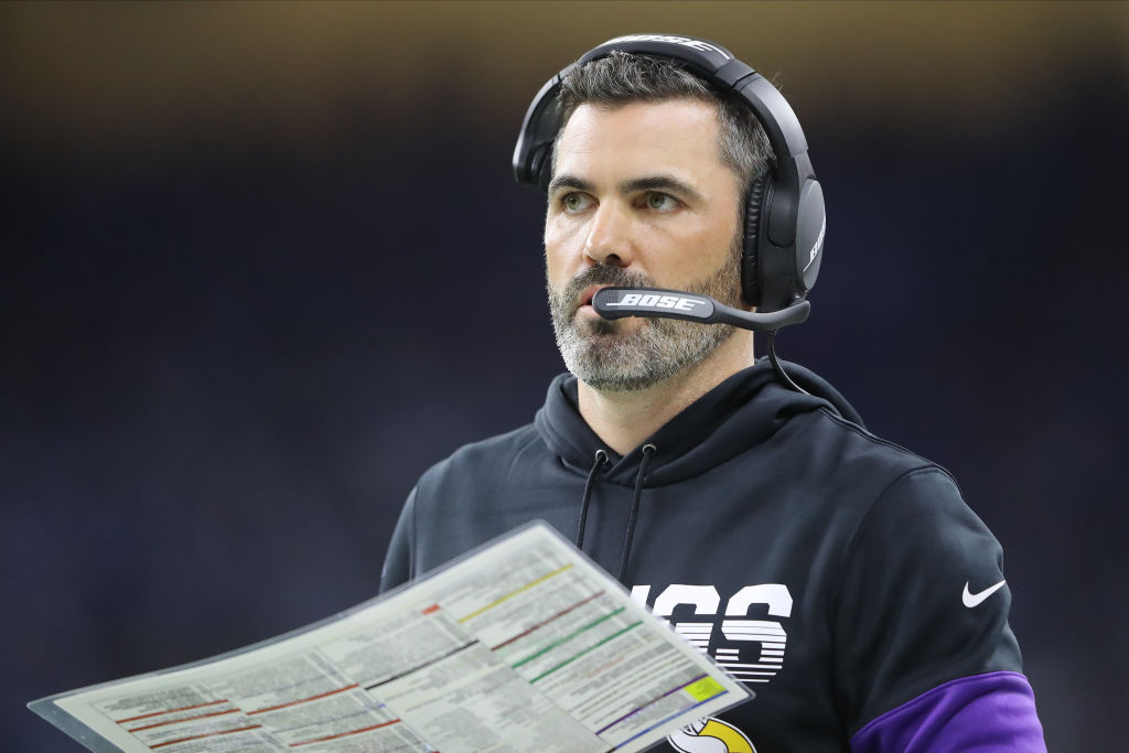 Minnesota Vikings offensive coordinator Kevin Stefanski looks on in the fourth quarter during a game against the Detroit Lions at Ford Field on October 20, 2019 in Detroit, Michigan. (Photo by Rey Del Rio/Getty Images)