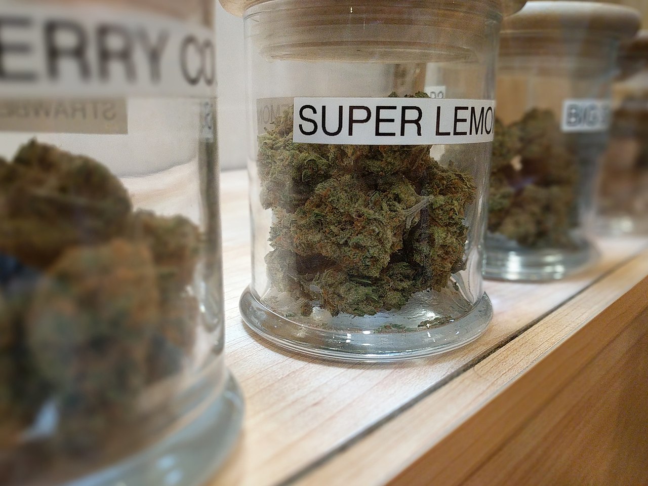 Cannabis strains in jars at a marijuana dispensary