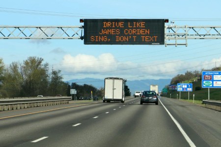 Highway sign referencing James Corden