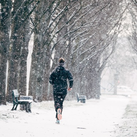 A runner on a wintry trail.