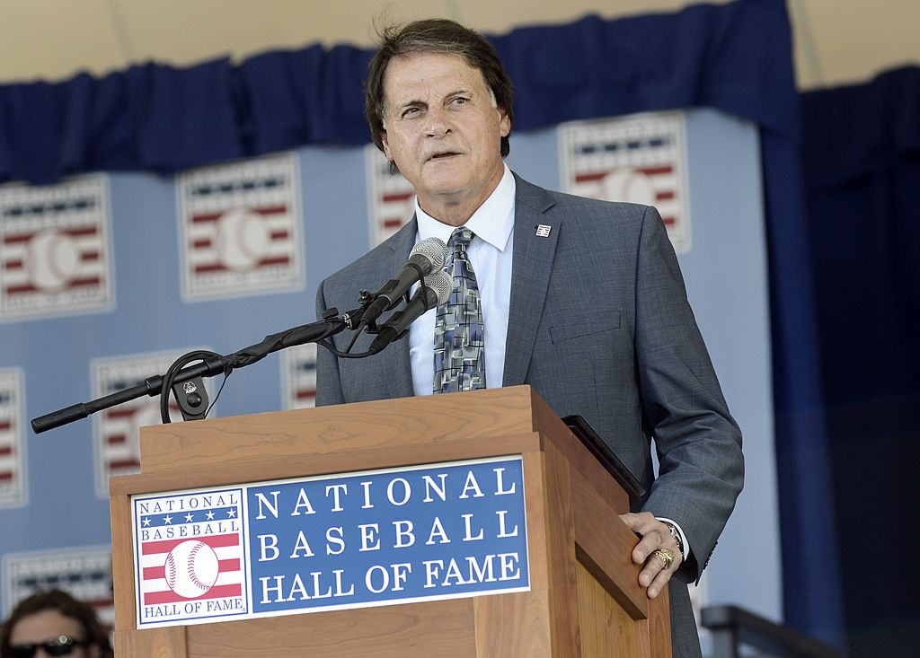 Inductee Tony La Russa gives his speech at the Hall of Fame. (Heather Ainsworth/MLB via Getty)