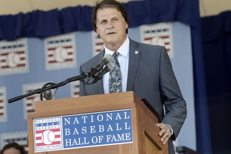 Inductee Tony La Russa gives his speech at the Hall of Fame. (Heather Ainsworth/MLB via Getty)