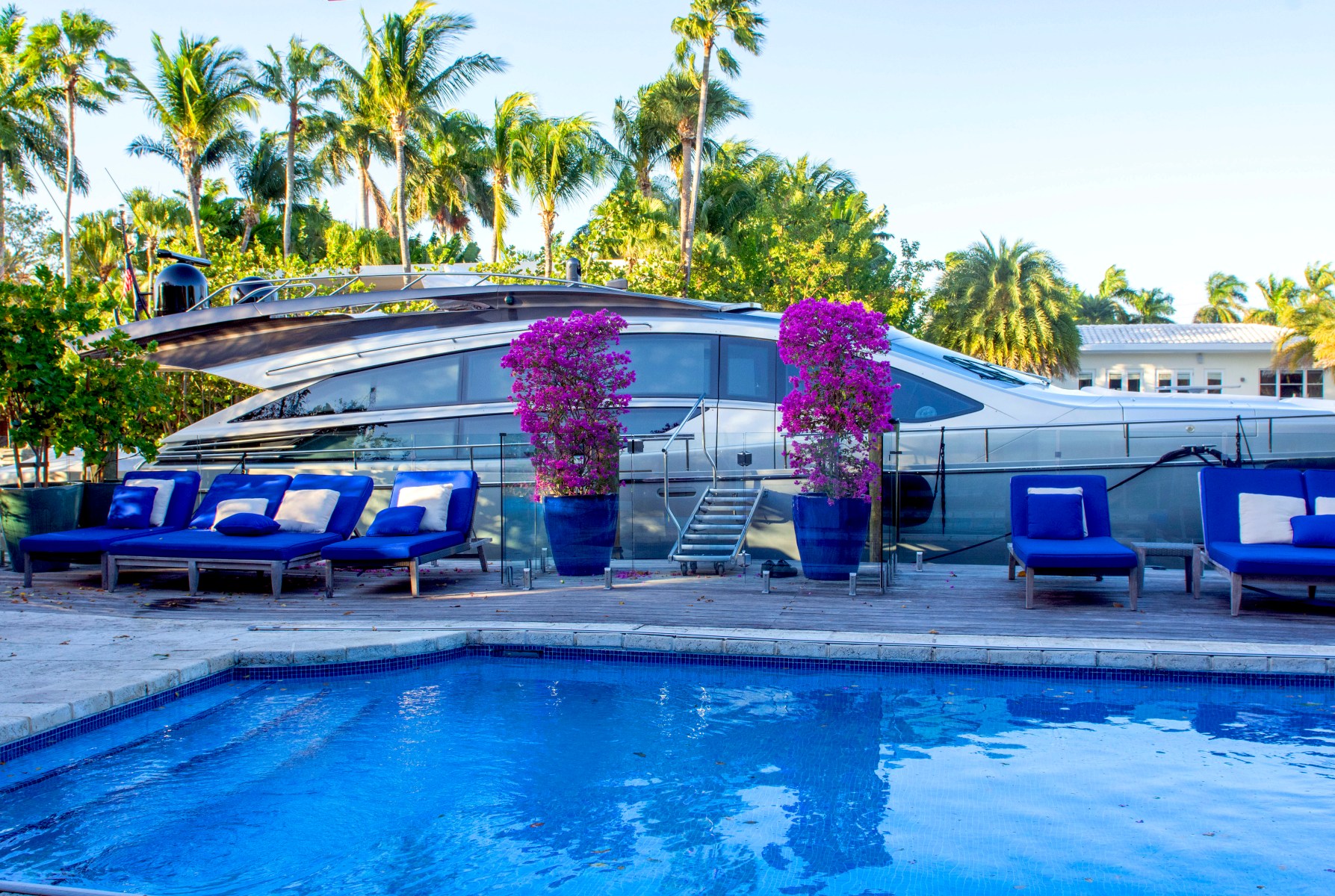 Behind the pool rests “Groot,” an 82-foot Pershing yacht, on which Grutman takes his guests. “it’s more of a hospitality move than anything,” he says.