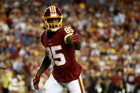 Vernon Davis of the Washington Redskins looks on against the Chicago Bears during the second half at FedExField on September 23, 2019 in Landover, Maryland. (Photo by Will Newton/Getty Images)
