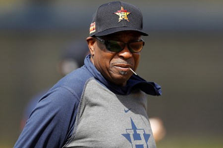 Dusty Baker looks on during spring training