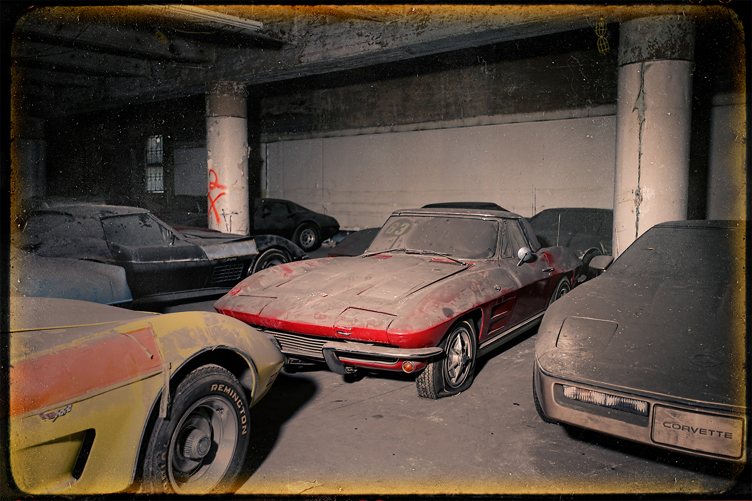 Peter Max Corvette Collection in a parking garage