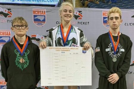 Heaven Fitch became the first female to win an individual state wrestling championship in North Carolina. (North Carolina High School Athletic Association)