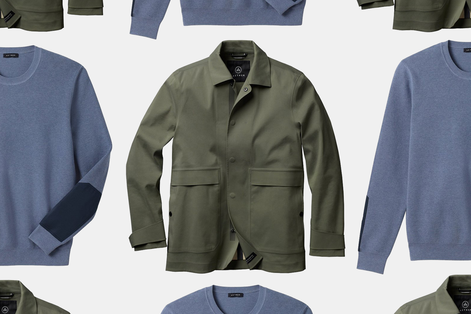 Crewneck sweaters and weather resistant jackets from Aether Apparel