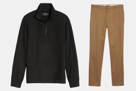 men's fleece jacket and chino pants