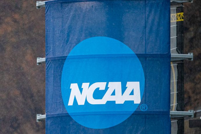 The NCAA logo is seen during the Division II Women's Soccer Championship. (Timothy Nwachukwu/NCAA Photos via Getty)
