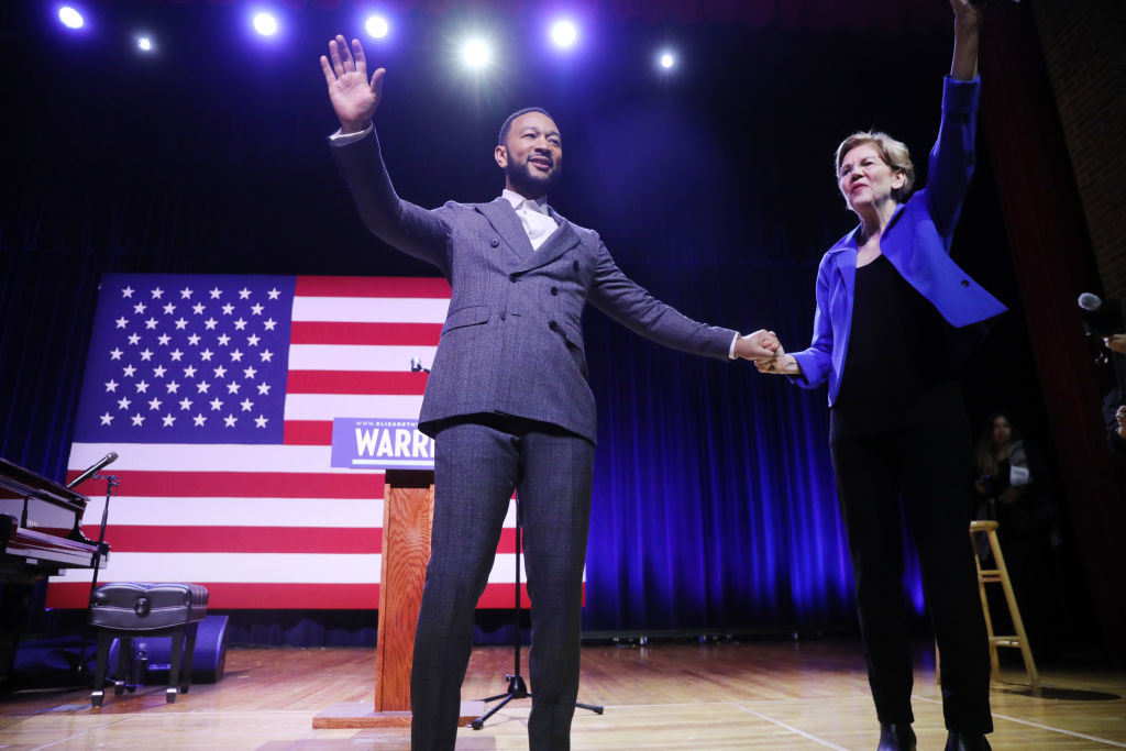 Senator Elizabeth Warren (D-MA) appears with musician John Legend at a Get Out the Vote Rally at South Carolina State University ahead of South Carolina's primary on February 26, 2020. (Photo by Spencer Platt/Getty Images)