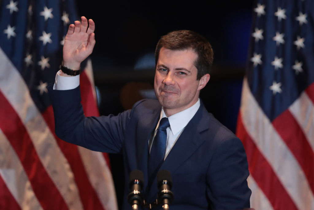 Pete Buttigieg announces he is ending his campaign to be the Democratic nominee for president during a speech at the Century Center on March 01, 2020 in South Bend, Indiana. (Photo by Scott Olson/Getty Images)
