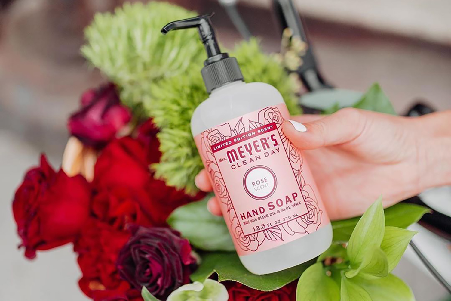 A bottle of Mrs. Meyer's hand soap