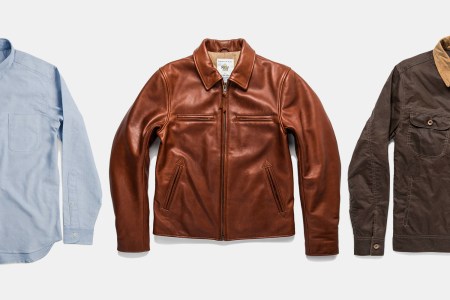 Taylor Stitch Oxford shirt, leather jacket and waxed canvas jacket