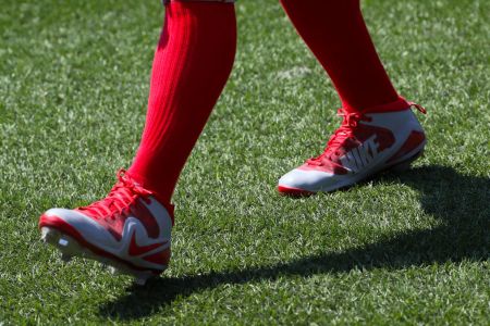 An MLB player on the artificial turf at the Rogers Centre. (Richard Lautens/Toronto Star via Getty)