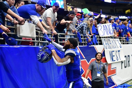 St. Louis BattleHawks punter Marquette King daps up fans after a recent win against the Seattle Dragons. 