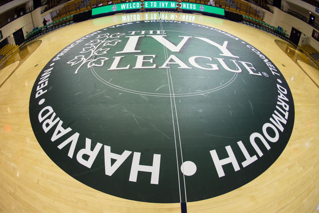 The center court logo on an Ivy League basketball court