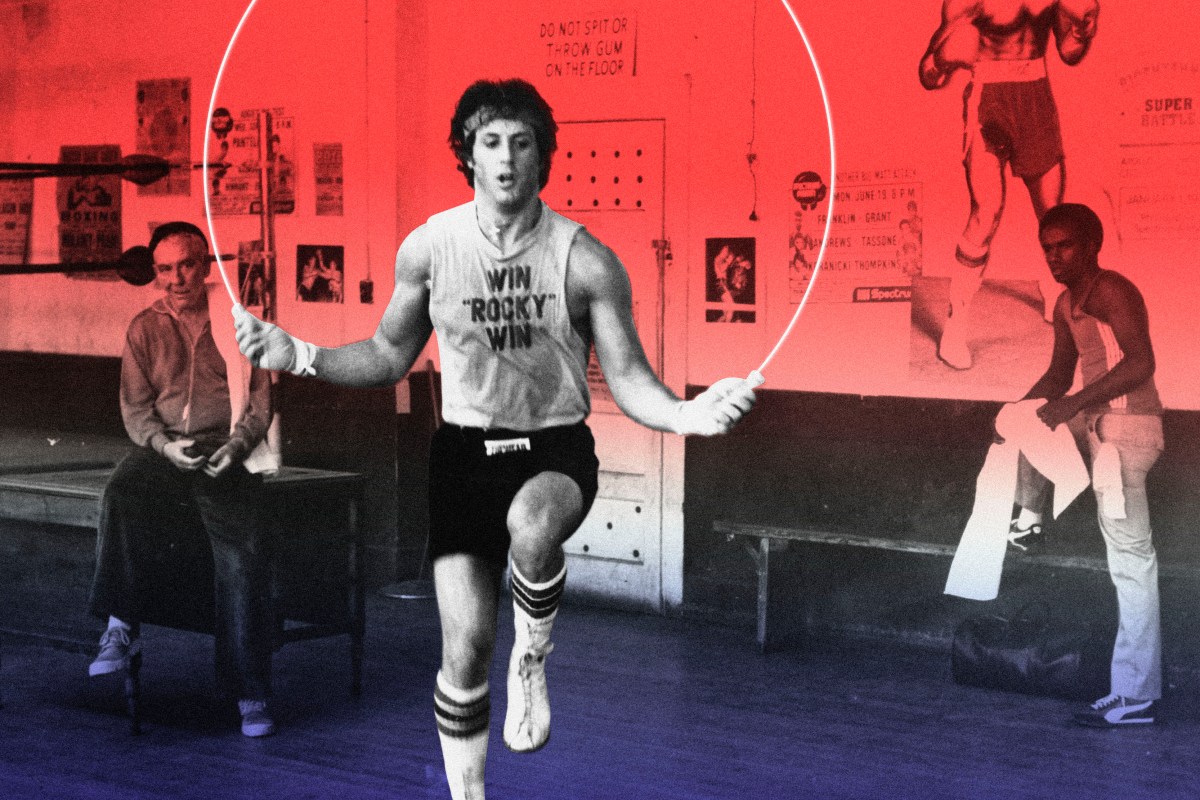 A screengrab of Rocky Balboa jump-roping, as his trainer looks on.
