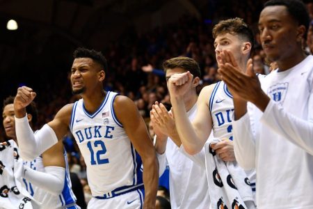 Javin DeLaurier and the Duke Blue Devils bench. (Grant Halverson/Getty)