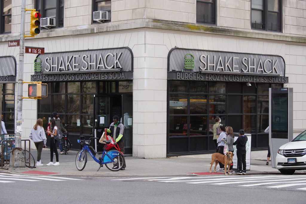A Shake Shack restaurant remains open for digital take-out orders during the coronavirus pandemic on April 14, 2020 in New York City. (Photo by Rob Kim/Getty Images)